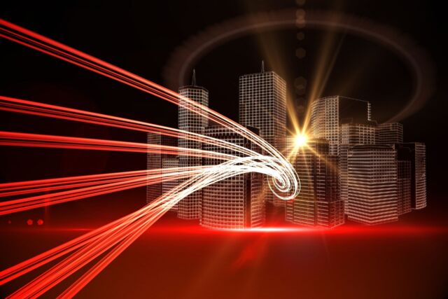 Digitally generated Red light beams over skyscrapers